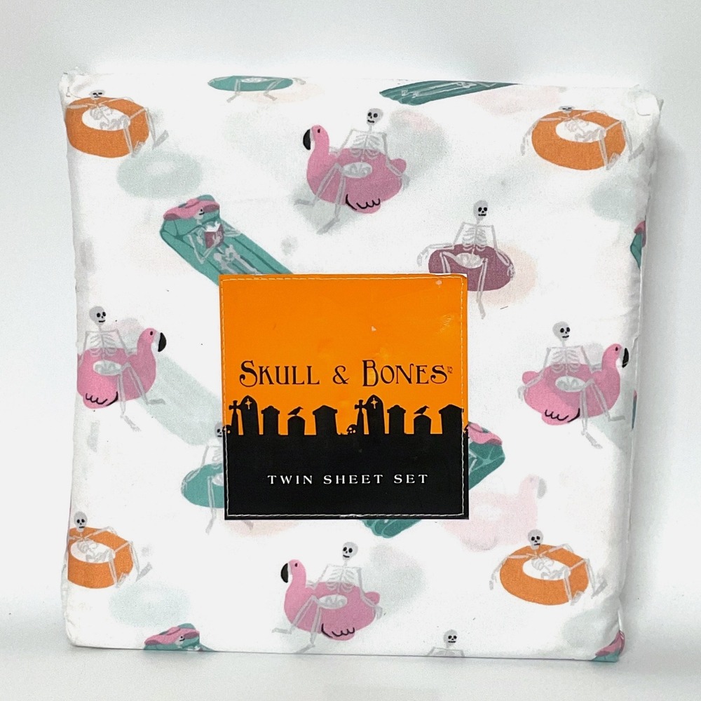 Skull & Bones Twin Sheet Set Skeletons on Pool Floats Summer Goth 3pc White